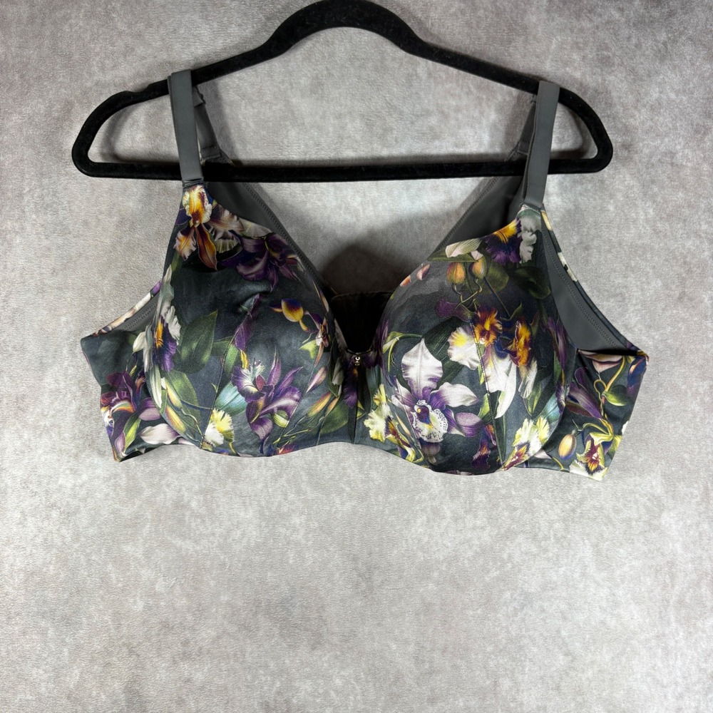 Cacique Bra Women 44C Gray Floral Lightly Lined Balconette Underwire Plus Size